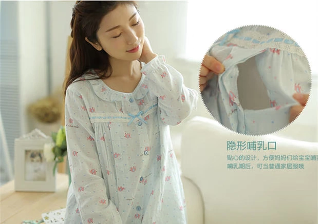 Quần áo bầu xinh xắn, đồ ngủ cotton gạc đôi cho bà bầu, phục vụ tại nhà, quần áo cho con bú sau sinh, quần áo cho con bú dài tay - Giải trí mặc / Mum mặc