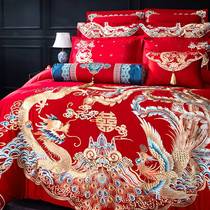 New wedding four-piece red 100s long-staple cotton wedding bedding cotton cotton dragon and phoenix embroidery cotton bedding