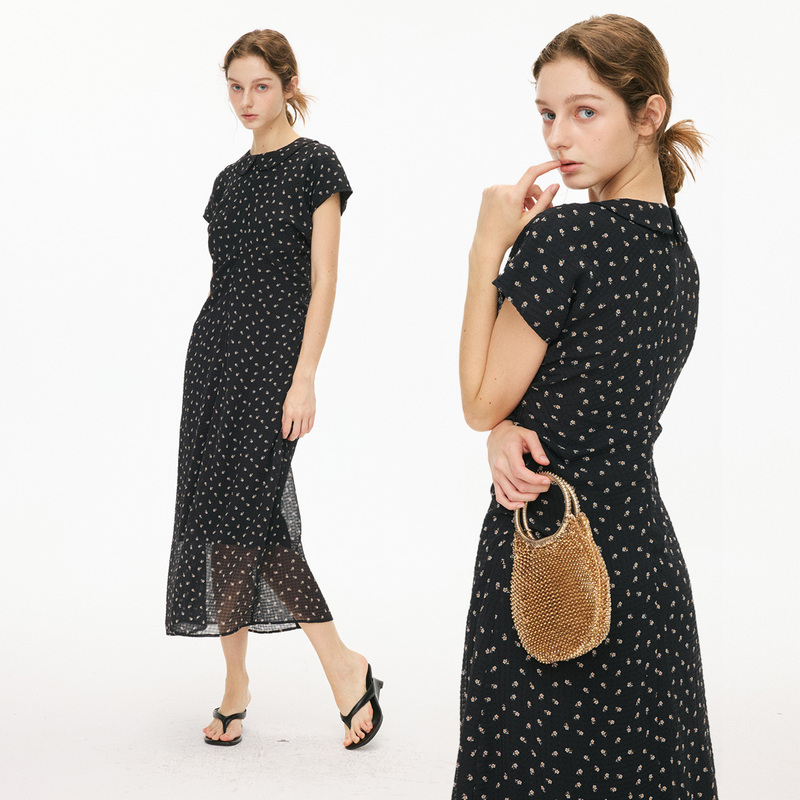 Southpaw Studio Plaid Texture Print Small Floral 3D Cut Waist-Slimming Dress