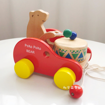 Childrens puzzle force wooded towing school bus 2-3-6-year-old baby pull wire small trailer toy Little Bear Knocks the drum car
