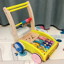 Baby walkway trolley trolley Baby versatile walkable car with throttle anti-teething side turning 7-24 months wooden toy