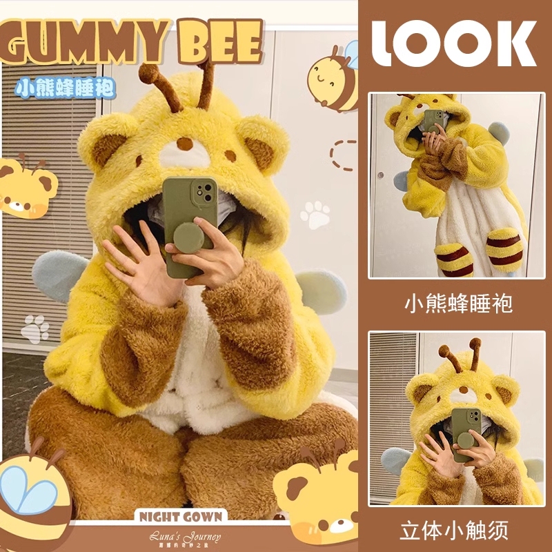 Pudding Bear Bee Pajamas Women's Winter Robe Long Coral Fleece Thickened Winter One-Piece Homewear Set