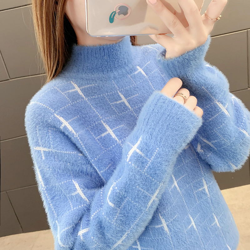 景绪仿水貂绒圆领毛衣女宽松韩版学生拼色针织衫打底女长袖秋冬