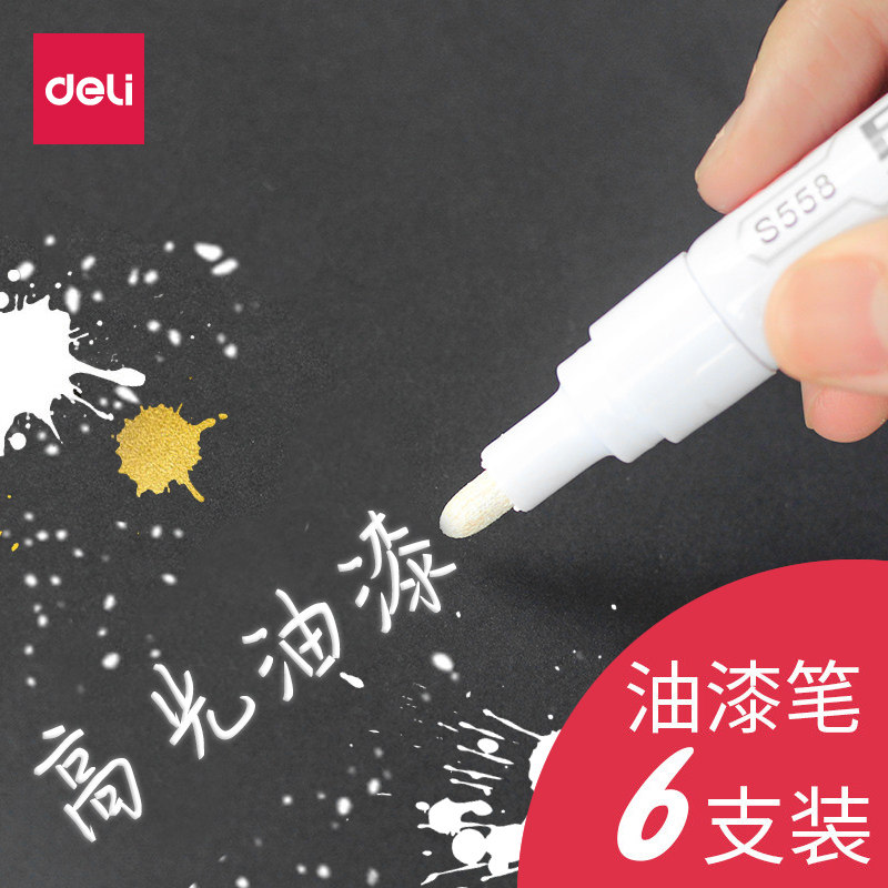 6pcs Deli high-gloss painting pen White hand-painted mike pen Paint pen Metal paint pen DIY special tire pen Gold black red marker pen set of color painting brush tire painting shoes waterproof