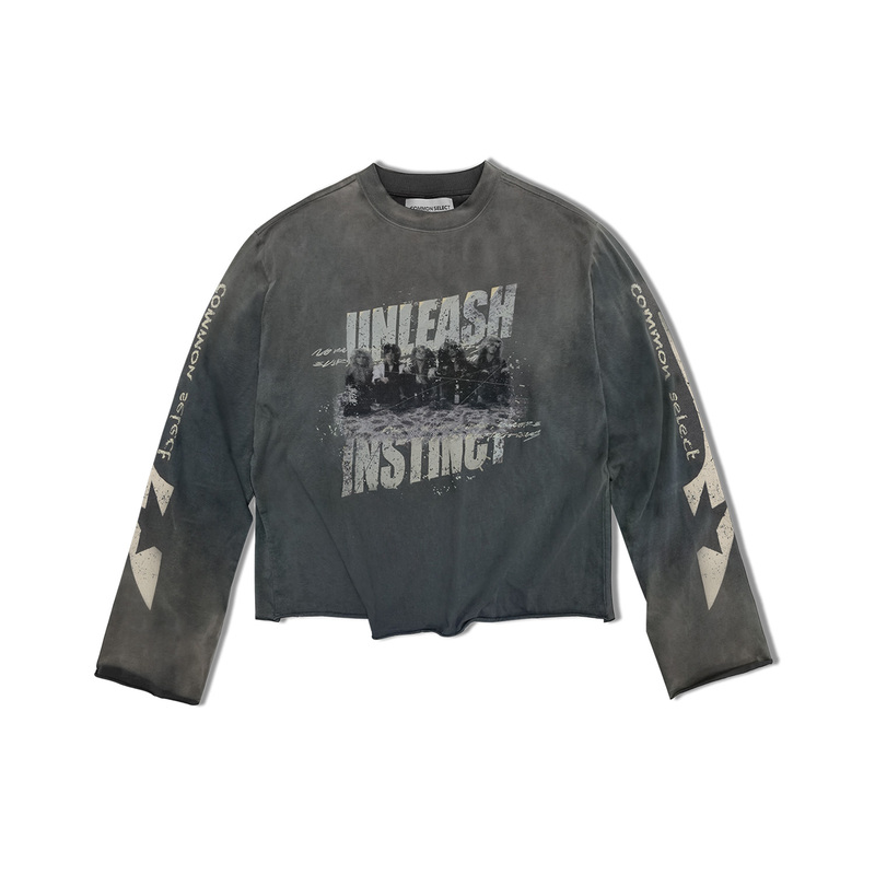 Commonselect [Retro Band t] Sun-Dried Gradient Faded Distressed Print Autumn and Winter Long-Sleeved T-Shirt