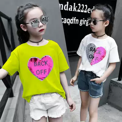 Children's short-sleeved T-shirt Captain America's summer discoloration clothes girls half-sleeved children's clothing sequins tremble children's face