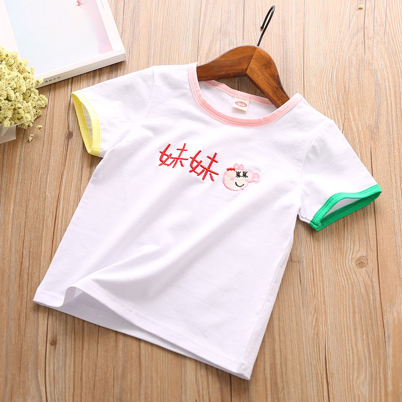 Chị em 2018 mùa hè mới nam giới và phụ nữ ngắn tay t-shirt trẻ em lớn bé nửa tay áo giản dị anh trai và em gái