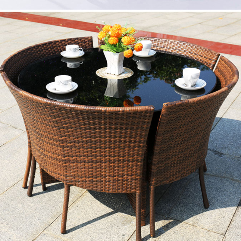 Outdoor courtyard table and chair balcony rattan chair five-piece garden rattan leisure furniture imitation rattan dining table and chair round table