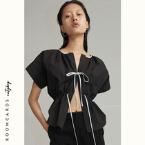 ROOMCARDS independent designer brand black bump blue Japanese acetic acid strap loose waist top