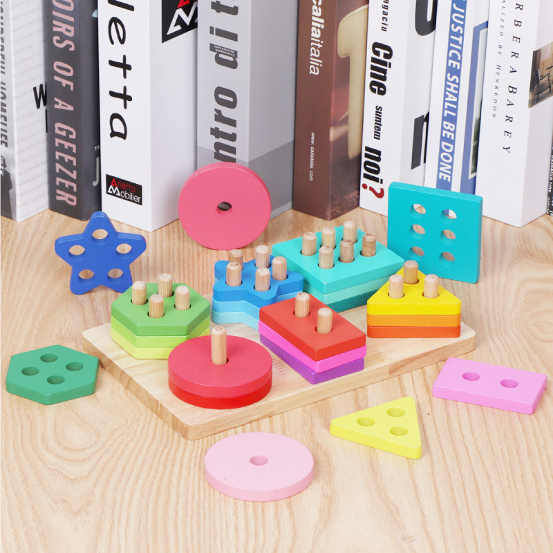 Graphic six - column geometry pairing column cognitive wooden 2 - 3 - 4 years old children early teaching intelligent toys