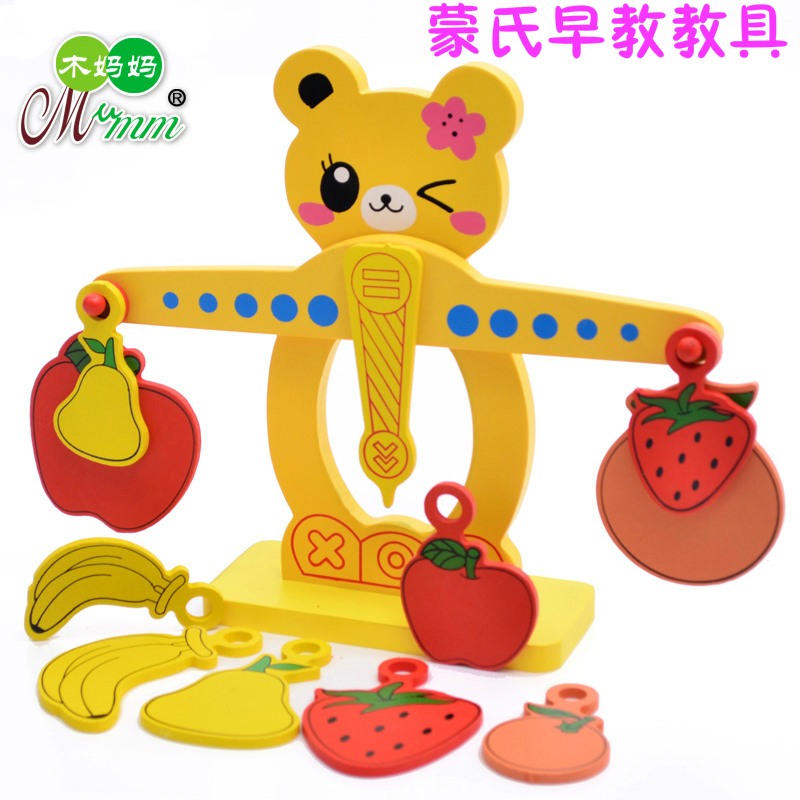 Kindergarten Early Teaching Aids 1-2-3 Year Olds Small Bear Fruit Digital Scales Call Wooden Puzzle Force Toys