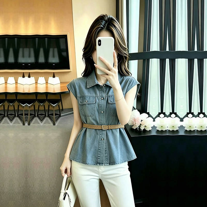 Short-Sleeve Denim Shirt for Petite Women, Summer Versatile Slim-Fit Tie-Waist Polo Collar Sleeveless Vest Top Short-Sleeve Denim Shirt for Petite Women, Summer Versatile Slim-Fit Tie-Waist Polo Collar Sleeveless Vest Top