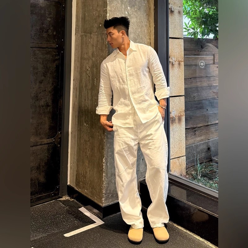 Light Luxury White Old-Money Style Linen Shirt Set for Men, New Autumn and Winter Tencel Cotton-Linen Wide-Leg Pants Complete Set, Trendy