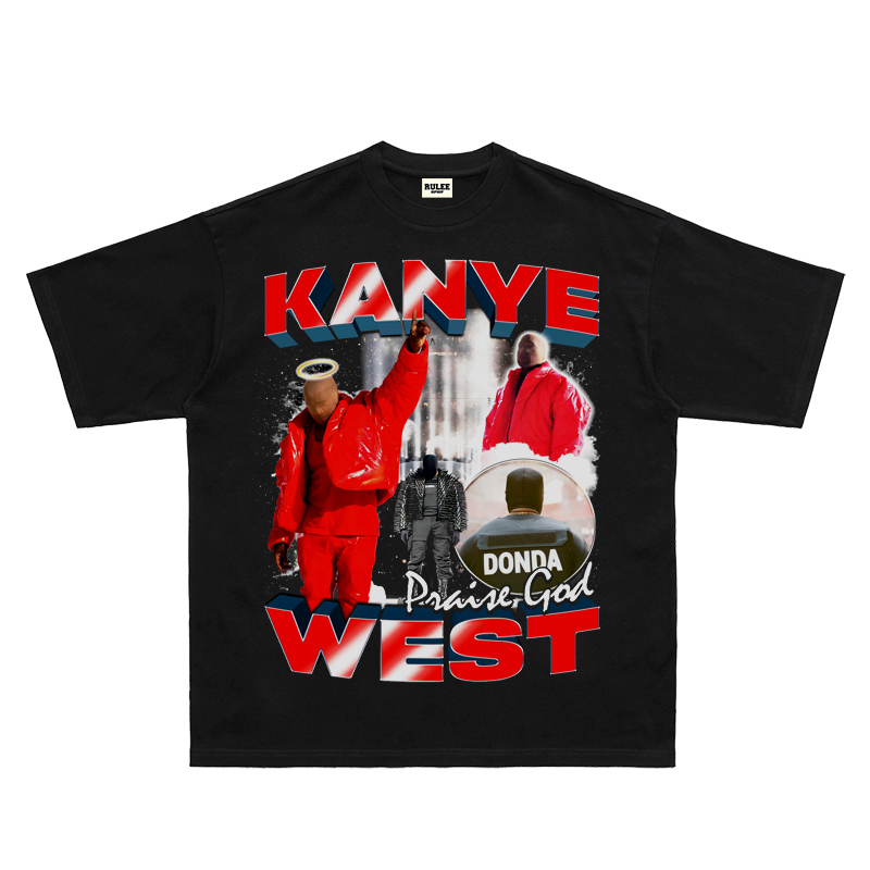 Kanye West Vintage Hip-Hop Portrait Print Short-Sleeve Rap T-Shirt Retro American Street Style Tee