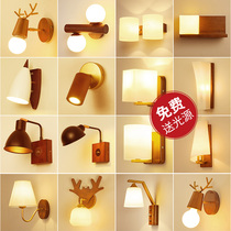 New Chinese bedroom styling wall lamp room bedside Chinese solid wood LED Nordic childrens room staircase study wall lamp
