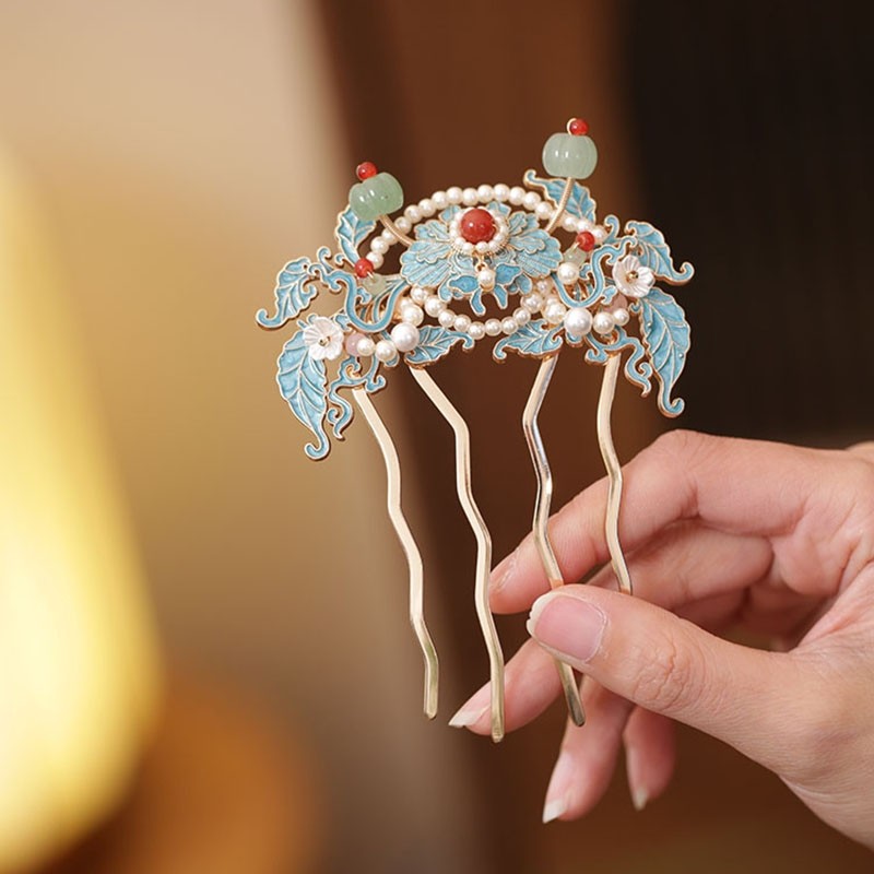 Cloisonné enamel flower four-tooth hair comb, hairpin for updos, cheongsam hair, ancient style women's high-end hair bun hairpin, traditional Chinese style headdress