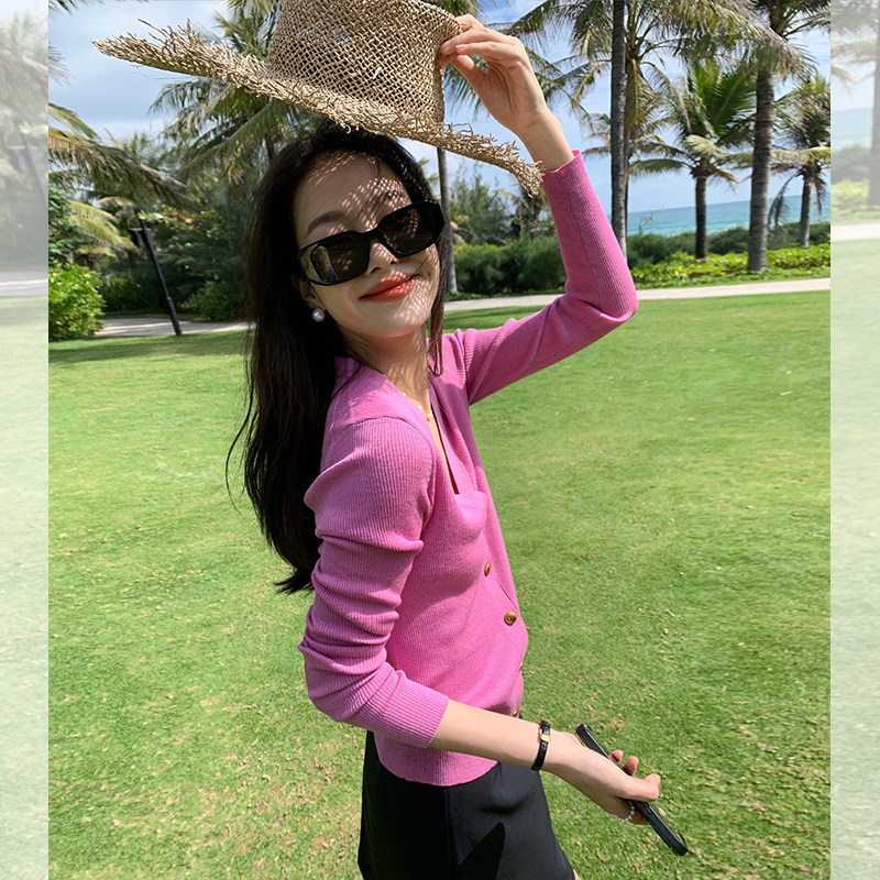 LICKYSENIOR Spot seconds for summer wool Dingdyeing V collar knit cardiovert female display slim long sleeve blouse