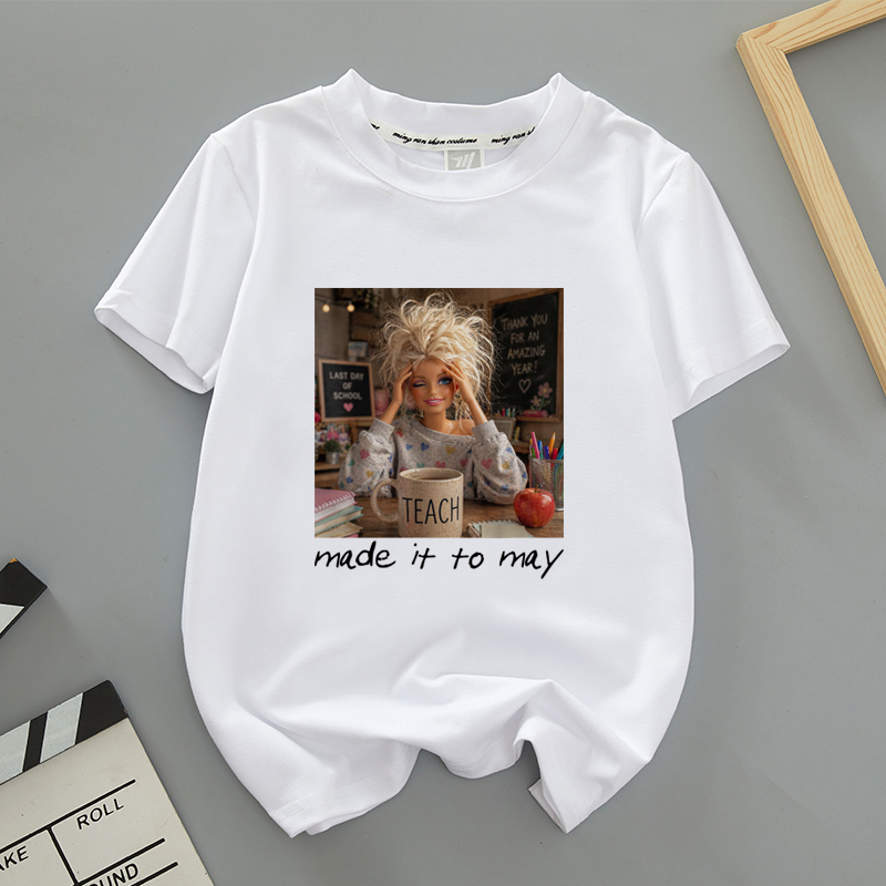 European and American Style Fun and Quirky Barbie Doll Emoji Print White Thin T-Shirt Short-Sleeved Girl Parent-Child Outfit ins