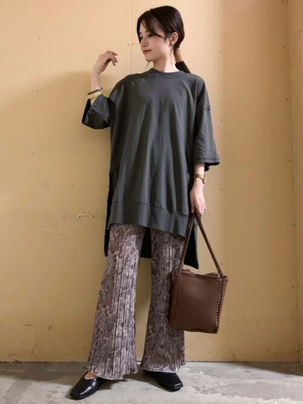 Deep Slit Waist-Cinching Outerwear Spring/Summer Women's Clothing 5-Sleeve Round Neck T-Shirt Extended Length Pure Cotton Loose Fit Japanese Original Order