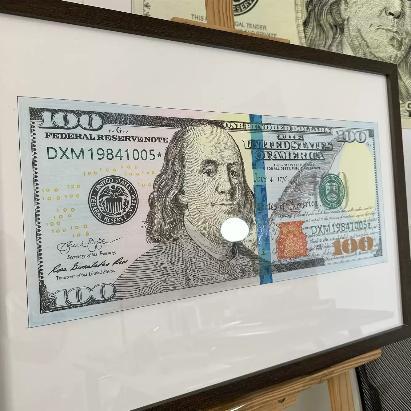 版畫鍾月鳥手繪美元手稿配畫框與紫光燈水印一萬