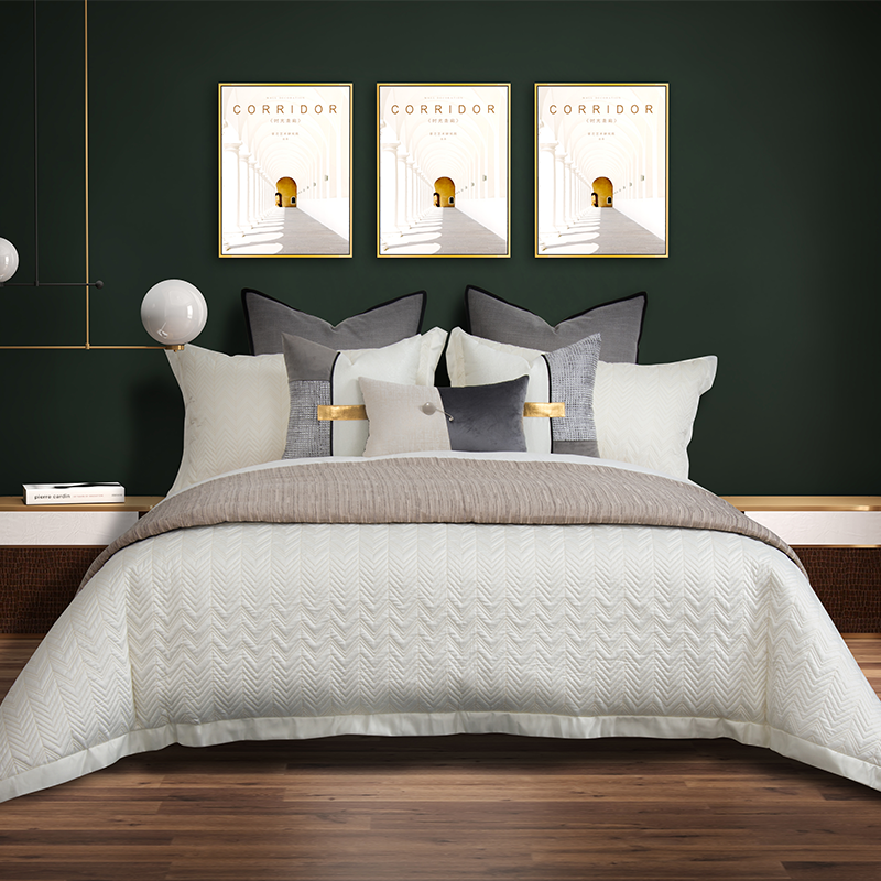 Modern light luxury quilting thickened quilt cover model room bedding more than 10 pieces of beige suit home showroom soft decoration design