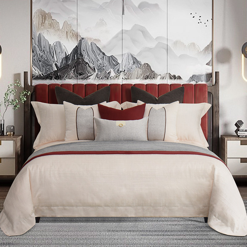 New Chinese sub - red pillow towel sample room bed 11 pieces of dark flower texture are set sample room bed