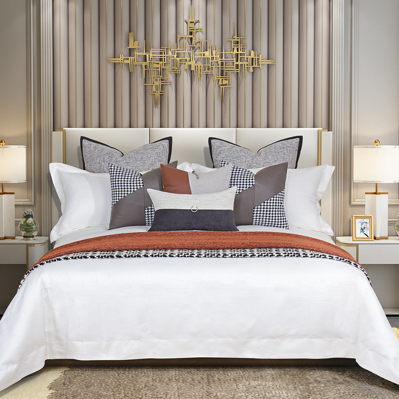 Model room bedding soft decoration exhibition hall bedding four-piece set pillow dark coffee color model room display accessories