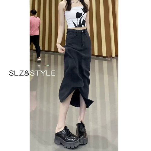 Черная летняя приталенная джинсовая юбка, 2025 года, оверсайз, А-силуэт, с акцентом на бедрах