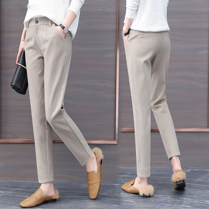 Autumn and winter woolen harem pants women's suit pants plus velvet outerwear 2021 new high waist casual straight pants small feet trousers