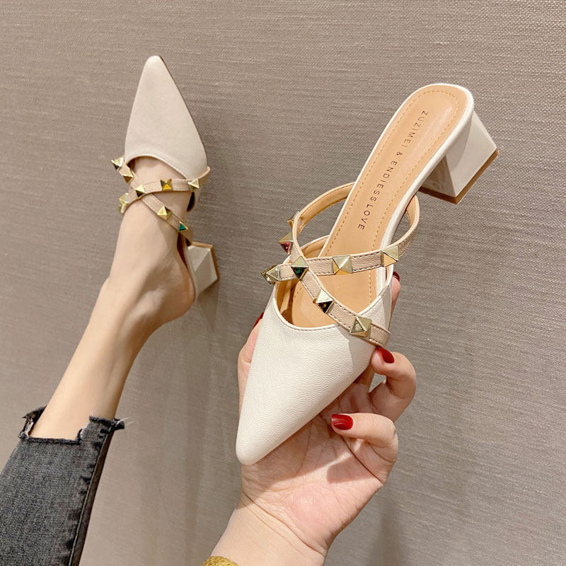 Sandals and slippers women wear net red half drag 2021 new high-heeled women's shoes pointed toe thick heel rivet Baotou sandals summer