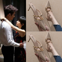 High heel sandals women wearing 2022 new summer rivets Fashion fine heel pointy 100 lap net red bag head half slippers