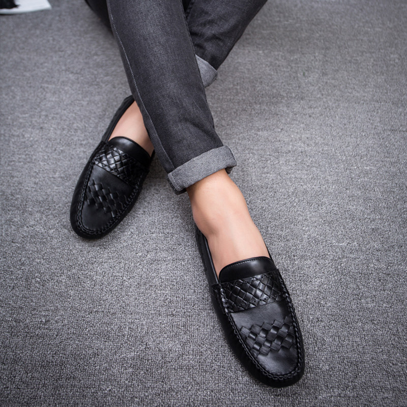 European station men's Doudou shoes genuine leather hand-woven shoes low top driving business casual shoes men's lazy slip-on shoes
