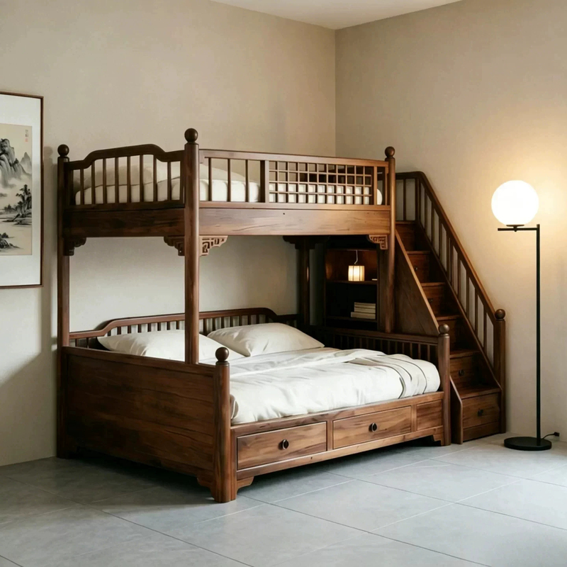 New Chinese-Style Song-Style Aesthetics Bunk Bed Made of Ash Wood and Walnut Wood, Multifunctional Double-Layer Bed for Small Apartments, Solid Wood New Chinese-Style Song-Style Aesthetics Bunk Bed Made of Ash Wood and Walnut Wood, Multifunctional Double-Layer Bed for Small Apartments, Solid Wood