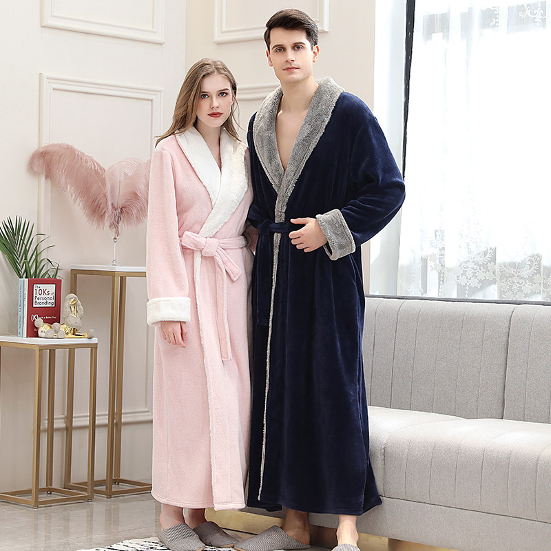 Thickened Long Version Sleeping Robes Women's Winter Morning Robes Flannel Lovers Bathrobes Autumn winter Coral Suede Pajamas for men's bathrobe robes