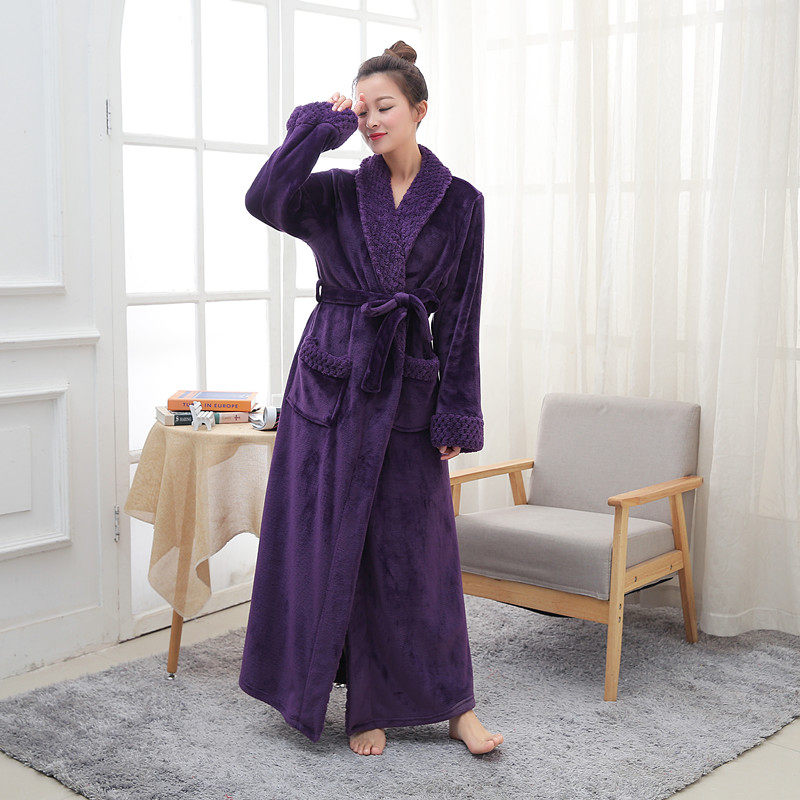 Autumn and winter thickened flannel couple bathrobes men's and women's plus long nightgown coral velvet home service pajamas