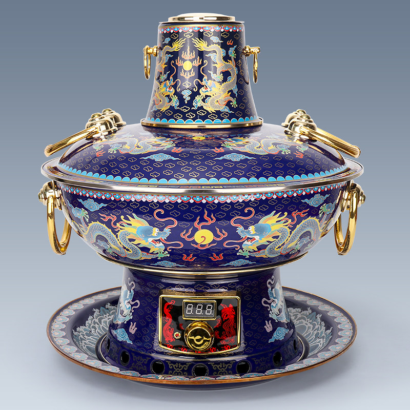 Cloisonné blue copper hot pot electric carbon dual-purpose plug-in thickened old Beijing shabu lamb household copper pot pure copper enamel hot pot