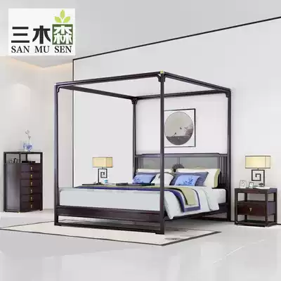 New Chinese solid wood double bed modern Hotel Villa Model Room 1 5 1 8m fabric shelf bed four-pillar custom
