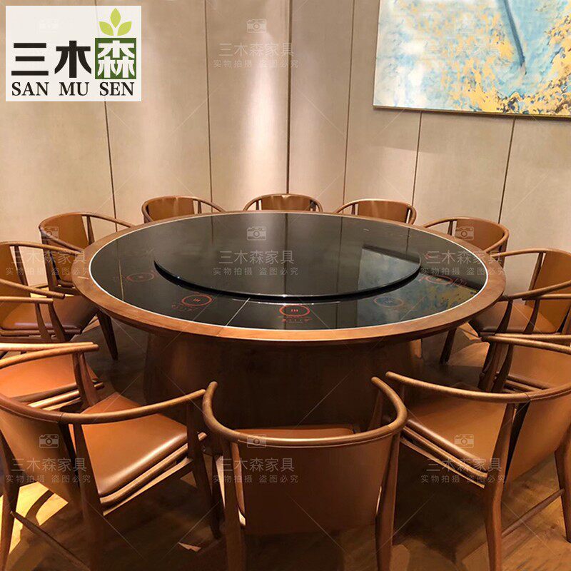 New Chinese Soliwood Hotel Electric Table Round Table Rotary Tempered Glass with Electromagnetic Furnace Hotel Club Club 20 people