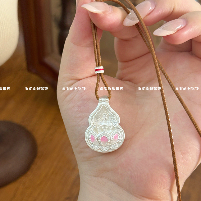 Pure Silver 999.9 Enamel Inlaid Diamond Guanyin Pendant Adult Pure Silver Necklace Can Be Opened and Closed for Women New Chinese Style Gift