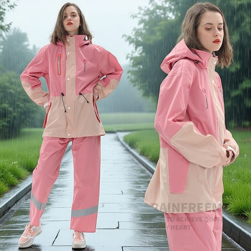 Women's Raincoat and Rain Pants Set, Made of Pongee Fabric, Full-Body Rain Protection, Cycling Rain Poncho, Outdoor Travel Rainproof Clothing Women's Raincoat and Rain Pants Set, Made of Pongee Fabric, Full-Body Rain Protection, Cycling Rain Poncho, Outdoor Travel Rainproof Clothing