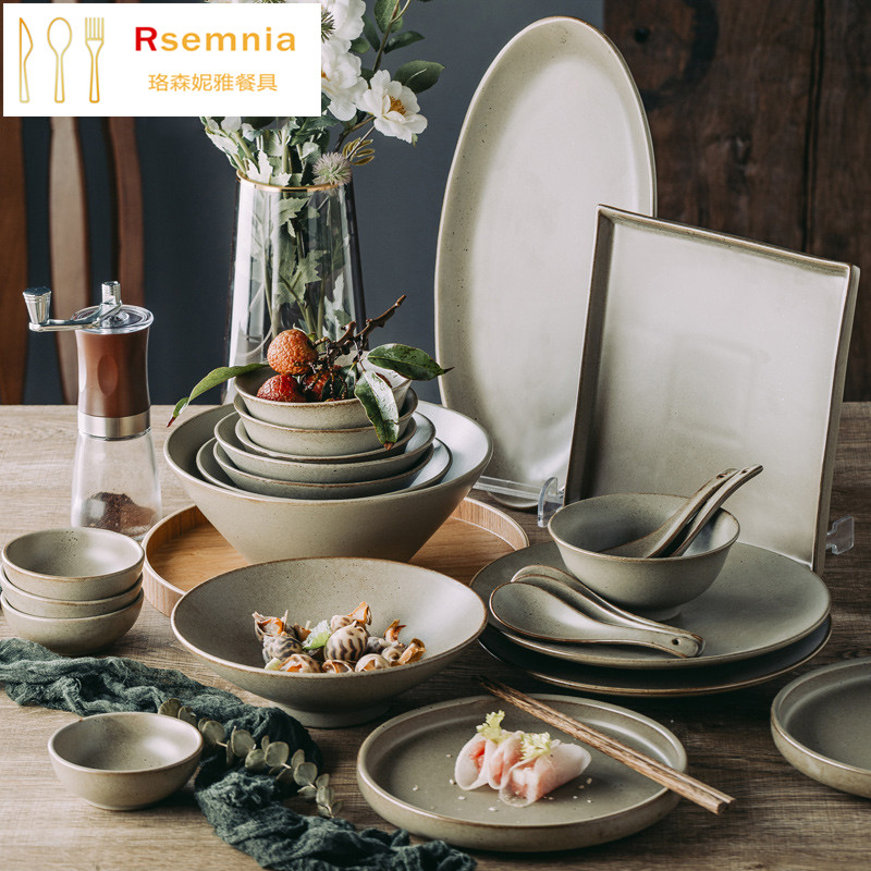 Rsemnia Japanese tableware Vintage coarse pottery dish set Household Chinese tableware underglaze color Jingdezhen handmade