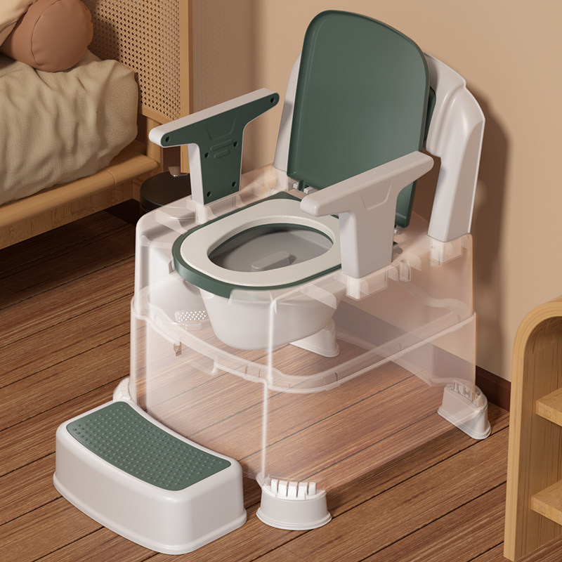Old man sitting in a chair household mobile toilet reinforced toilet with physical and mental impairment for elderly people in rural areas with anti-slip simple chair