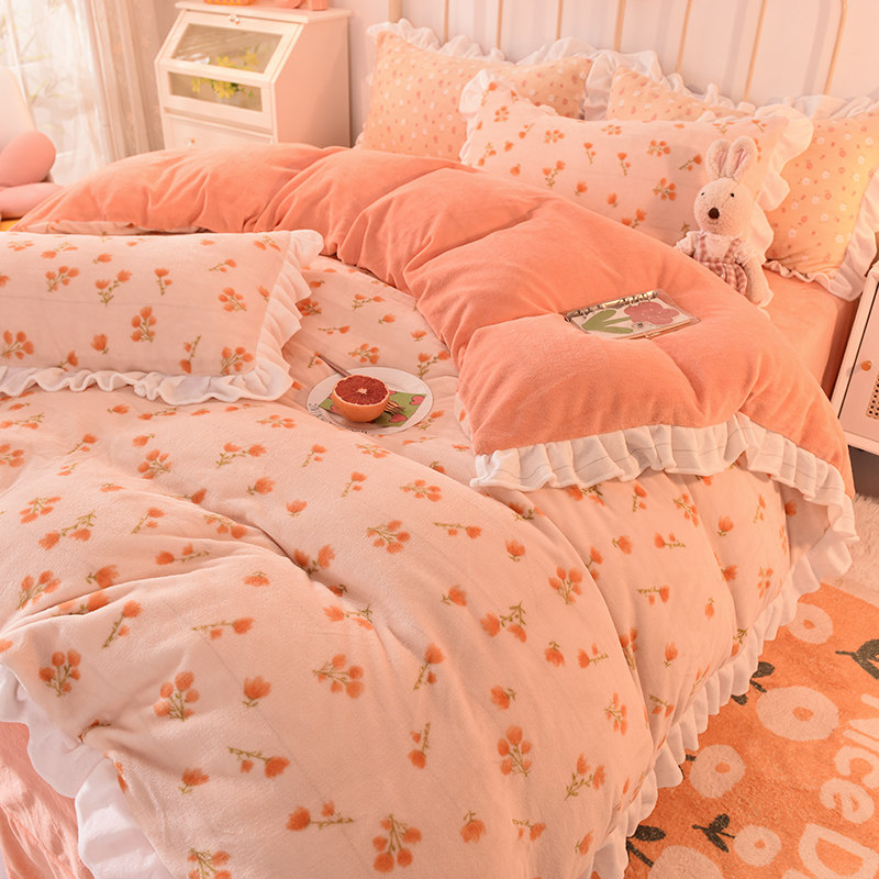 Autumn Winter Milk Suede Four Sets Of Sets of Coral Gush Thickened Princess Wind Bifacial Bed Sheet Girl Crushed quilt cover 3