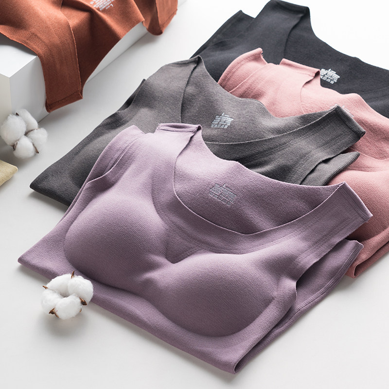 Duvet warm vest woman with chest cushion integrated without mark self-heating bottom blouse with velvet harness lingerie for autumn and winter