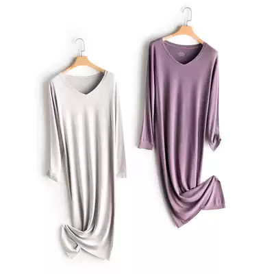 Modal pajamas ladies long sleeve nightgown spring and autumn thin one-piece pregnant women's long version of home clothes dress can be worn outside