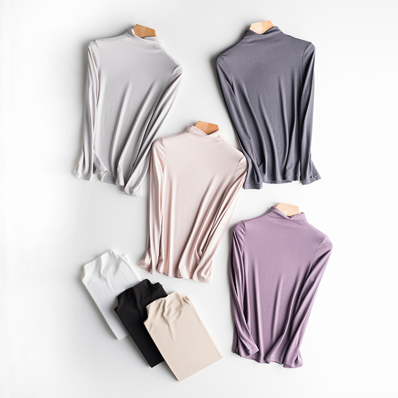 Modal t-shirt ladies long-sleeved slim-fit 2023 spring and autumn new top half-high collar T-shirt white bottoming shirt