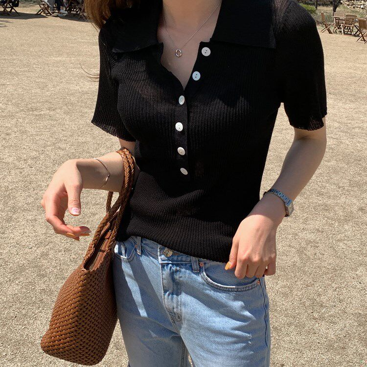 Black ice wire short sleeve knit T - shirt button in summer 2022 POLO collar sleeve loose slim tops
