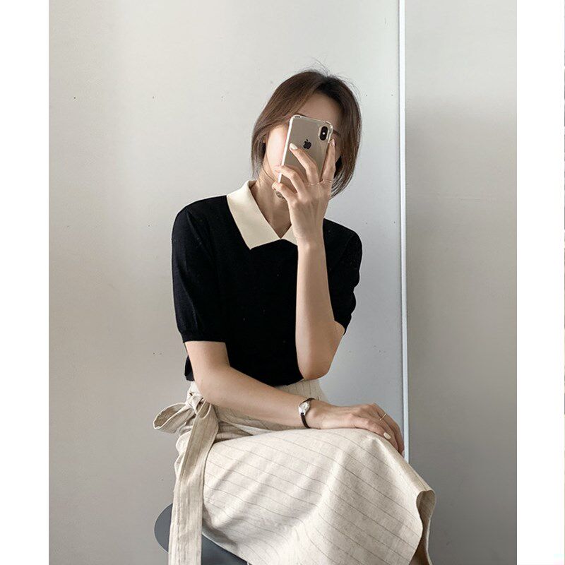 50%-sleeve ice-knitted sweatshirt woman 2021 Summer thin new polo collar with short sleeves T-shirt bottom short blouse