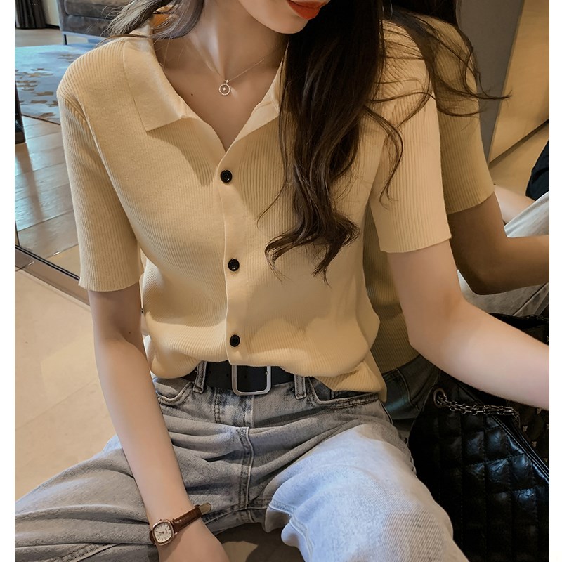 White polo shirt women's ice silk knitT-shirt 2022 summer new orange terrier temperament short-sleeved top loose casual