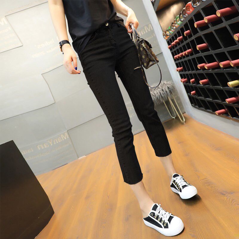 Black nine-point jeans women's summer thin straight hole Korean version loose 2021 new high-waisted thin and versatile spring and autumn